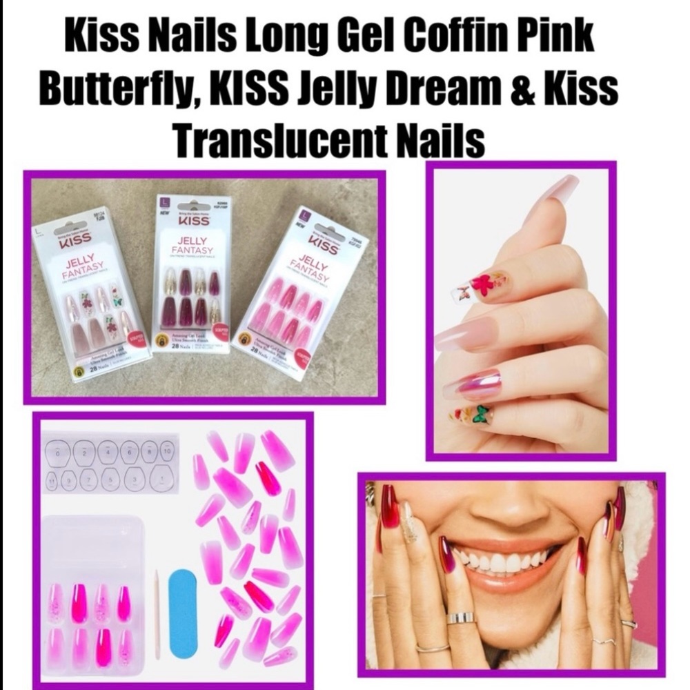 KISS Long Nails Gel Coffin Pink Butterfly, KISS Jelly Dream & KISS Translucent